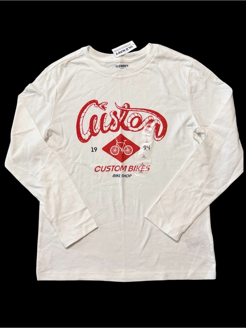 Old Navy Kids White Long-Sleeve Tee with Red Custom Bikes Graphic